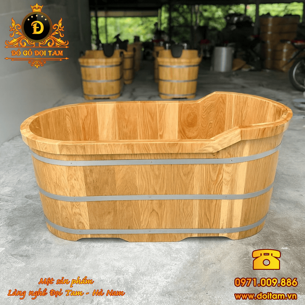 Bồn tắm gỗ Sồi Oval bo viền 1m35