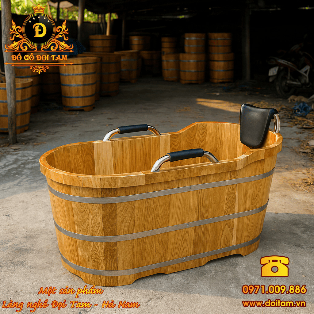 Bồn tắm gỗ Sồi phụ kiện Inox bọc da