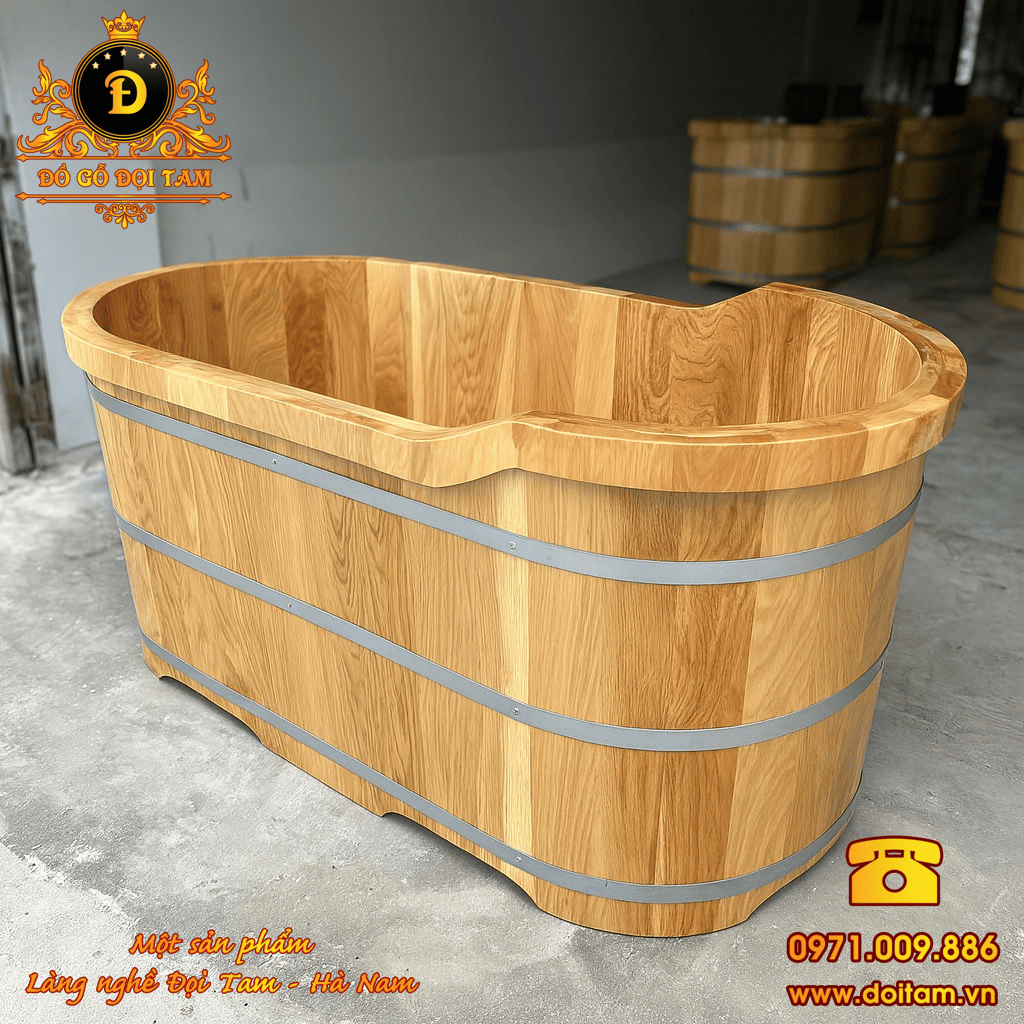 Bồn tắm gỗ Sồi Oval bo viền 1m35
