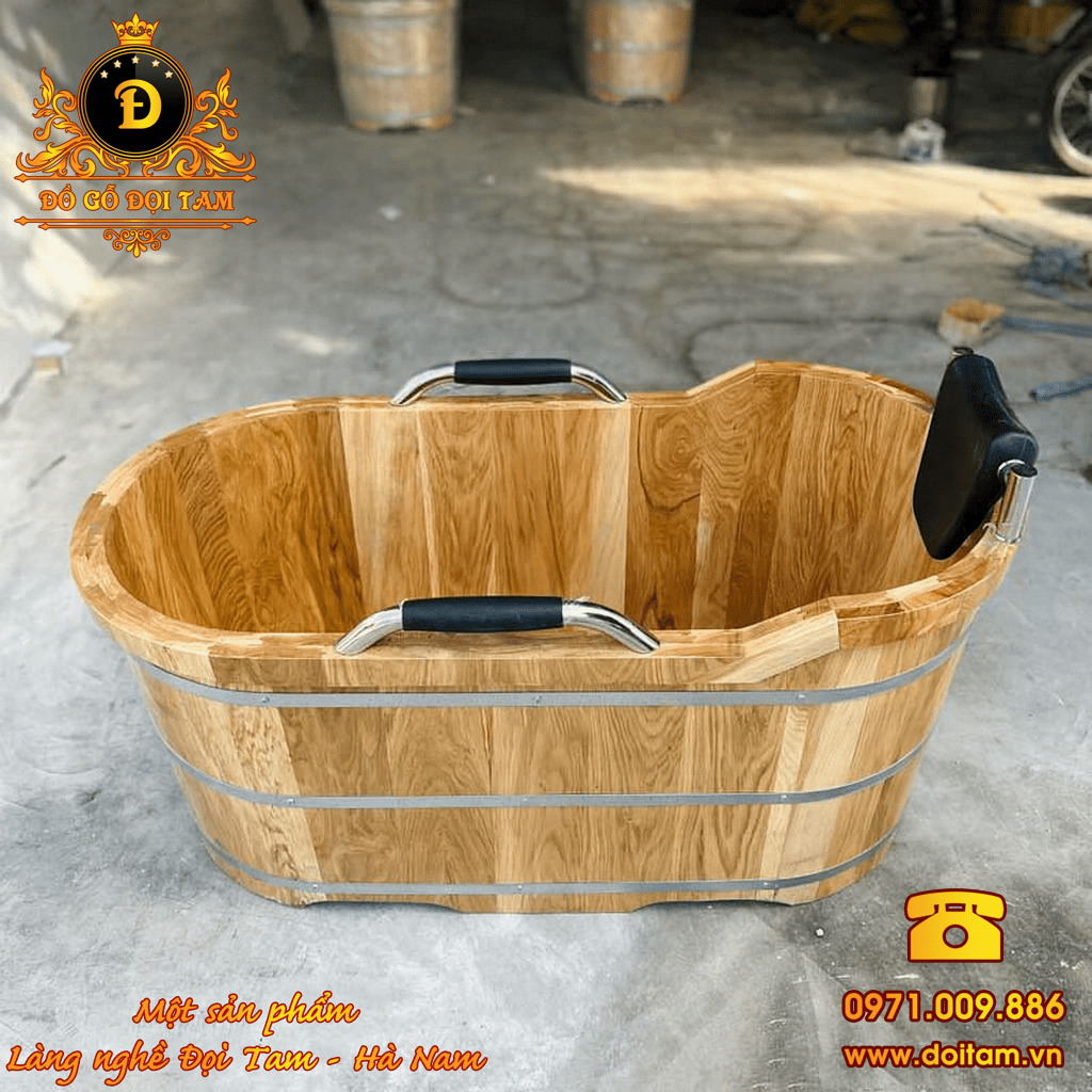 Bồn tắm gỗ Sồi phụ kiện Inox bọc da