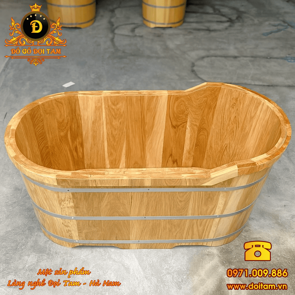 Bồn tắm gỗ Sồi Oval bo viền 1m35