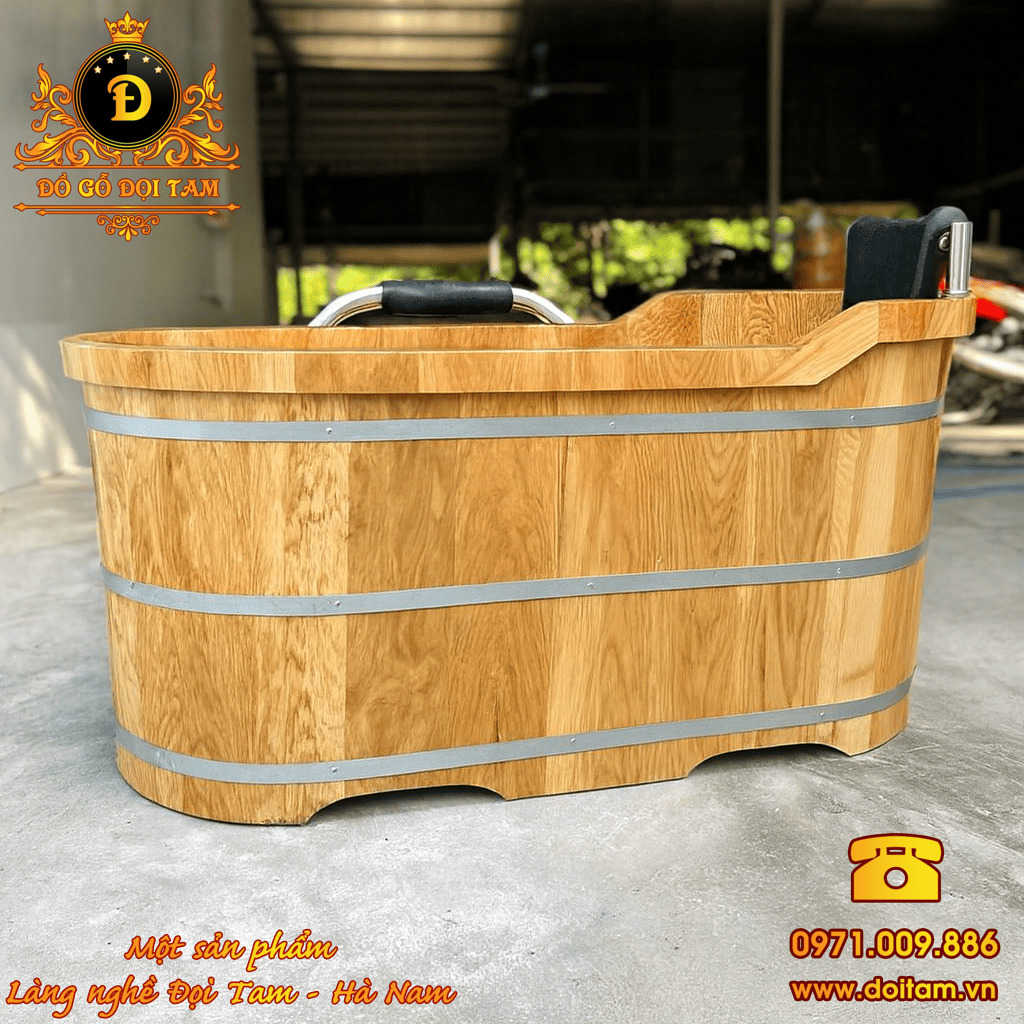 Bồn tắm gỗ Sồi phụ kiện Inox bọc da