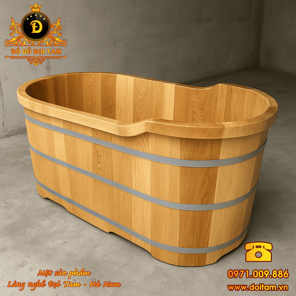 Bồn tắm gỗ Sồi Oval bo viền 1m35