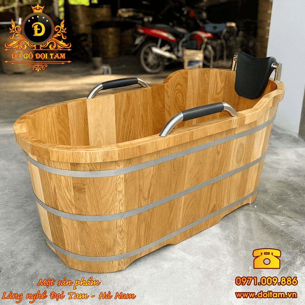 Bồn tắm gỗ Sồi phụ kiện Inox bọc da