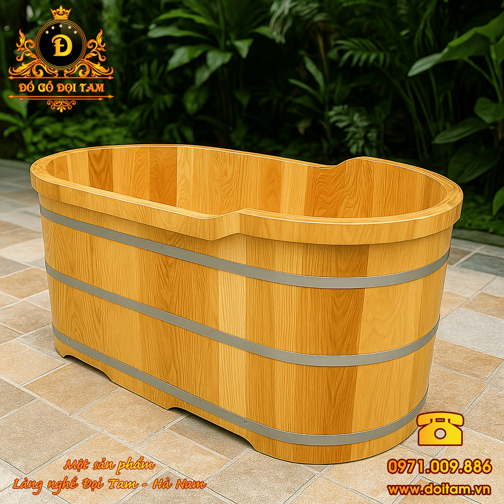 Bồn tắm gỗ Sồi Oval bo viền 1m35