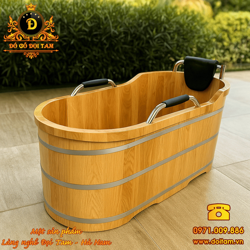 Bồn tắm gỗ Sồi phụ kiện Inox bọc da