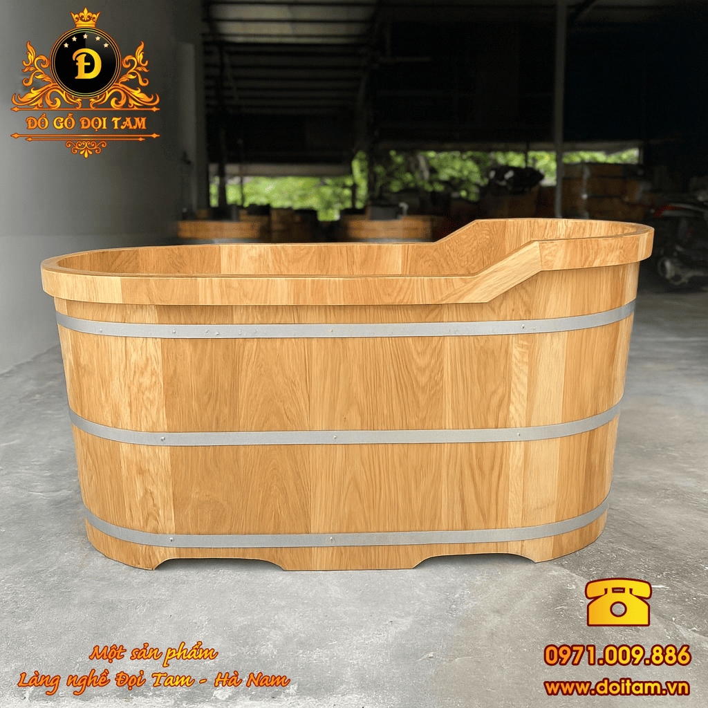 Bồn tắm gỗ Sồi Oval bo viền 1m35