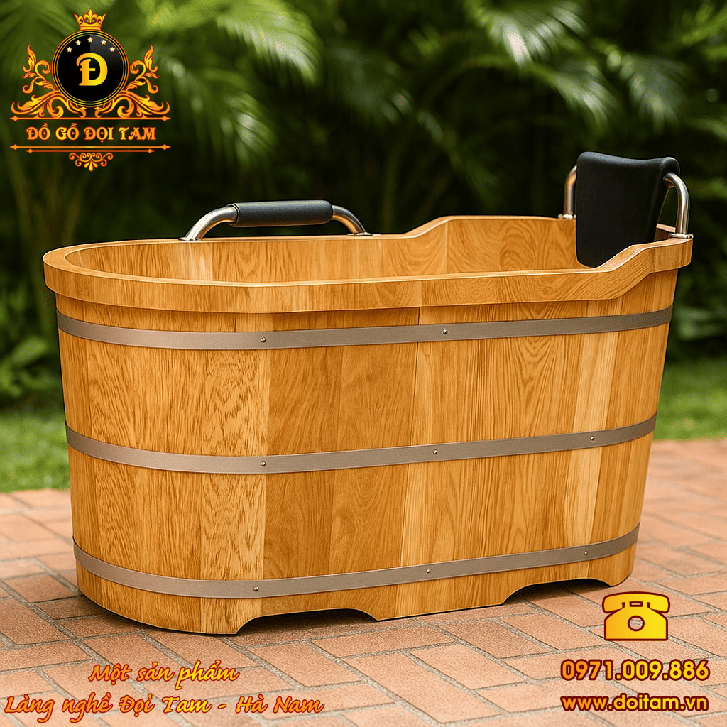 Bồn tắm gỗ Sồi phụ kiện Inox bọc da