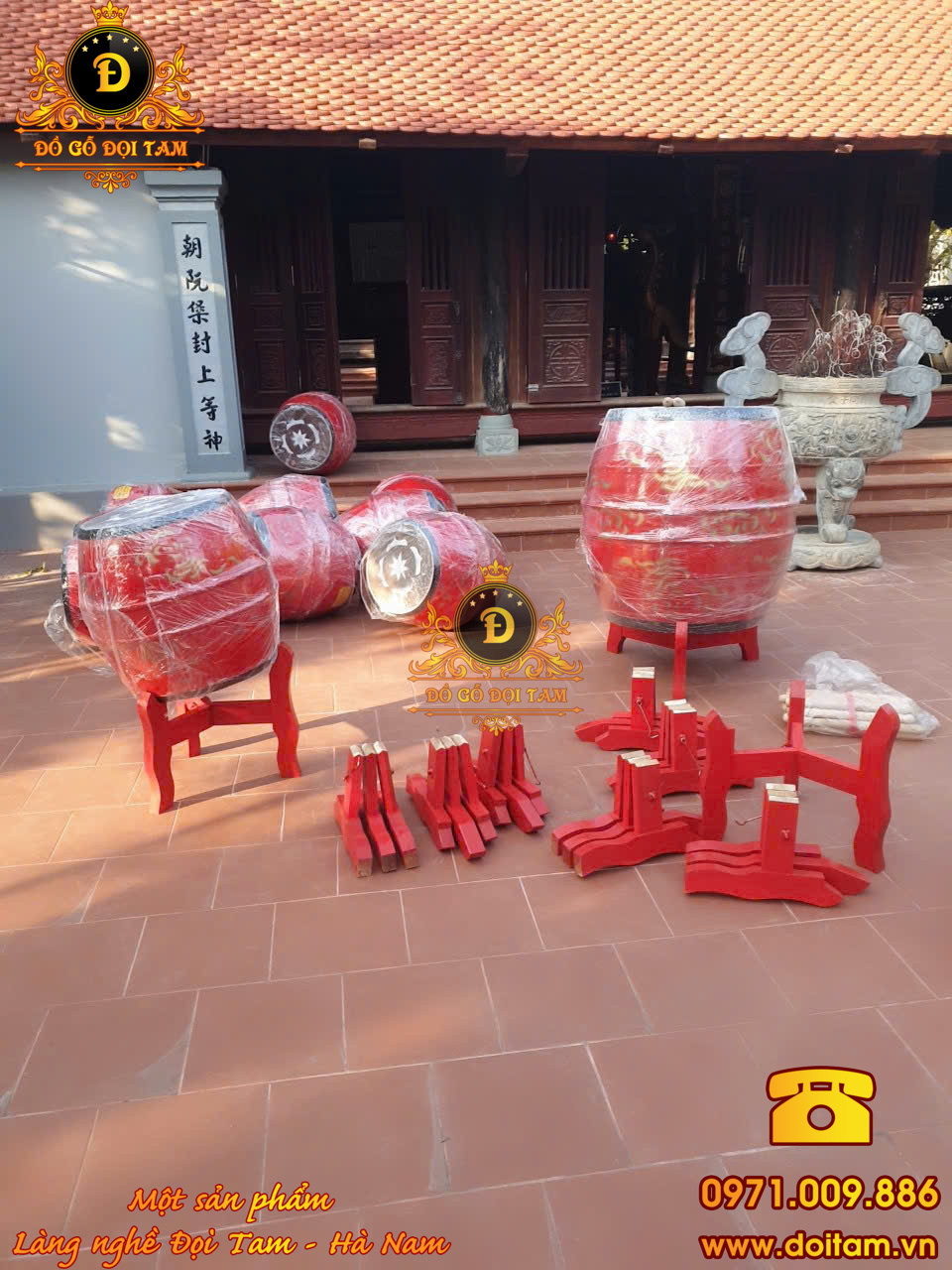 Trống hội sơn đỏ vẽ mây 80/60 – Âm vang lễ hội chuẩn Đọi Tam