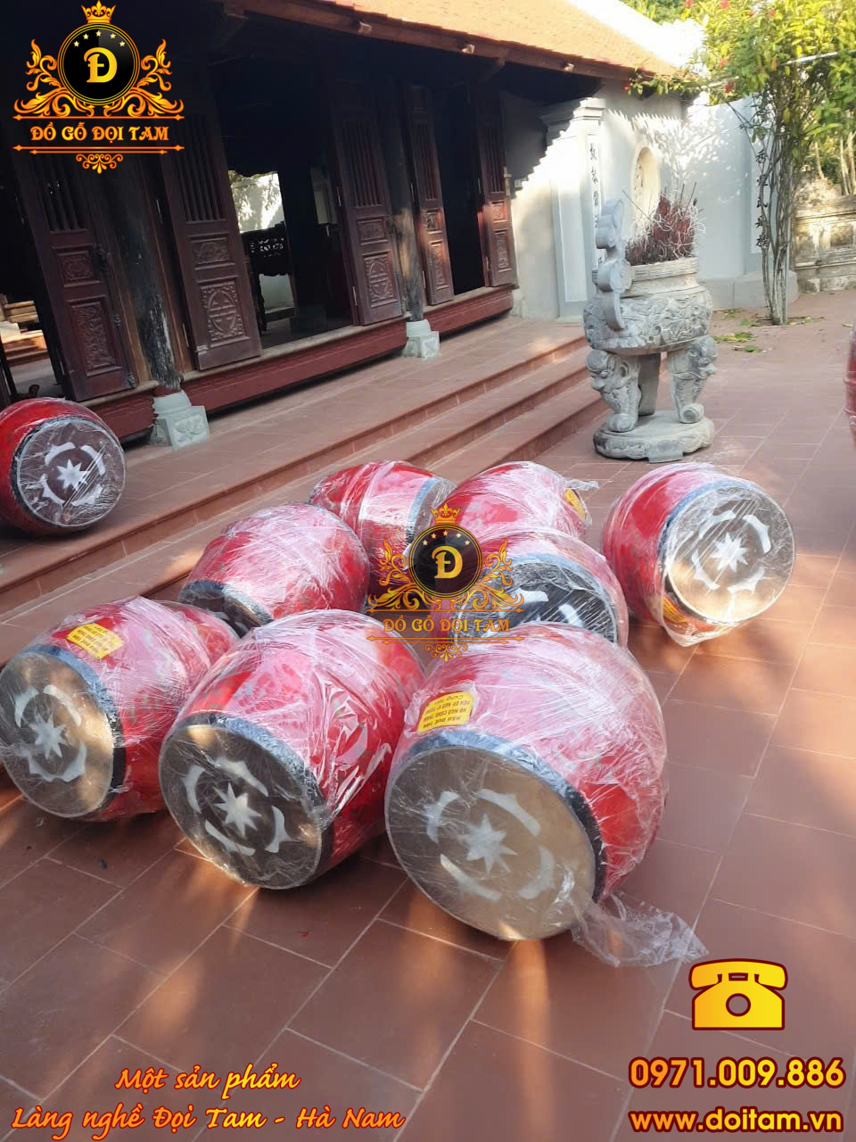 Trống hội sơn đỏ vẽ mây 80/60 – Âm vang lễ hội chuẩn Đọi Tam