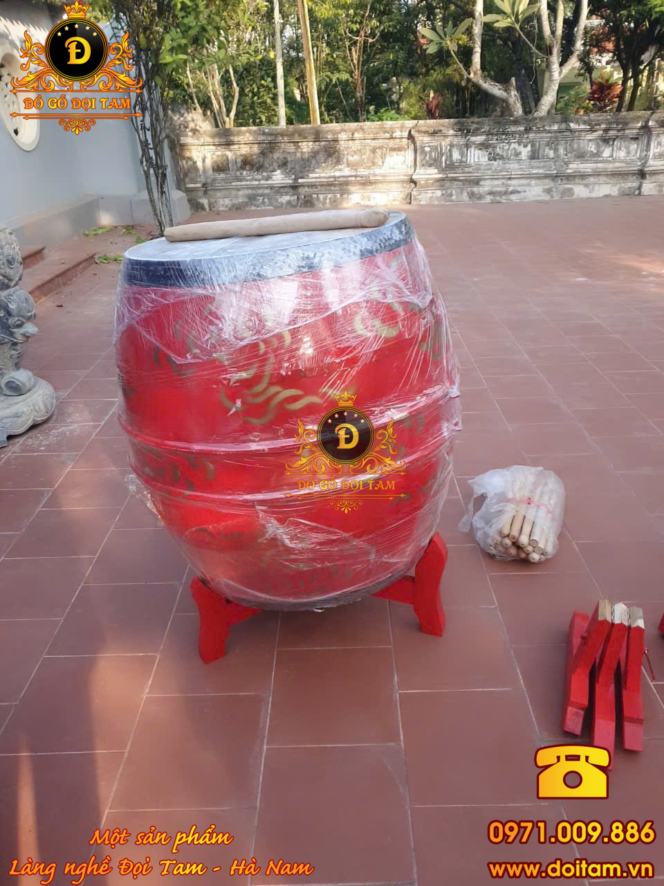 Trống hội sơn đỏ vẽ mây 80/60 – Âm vang lễ hội chuẩn Đọi Tam