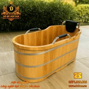 Bồn tắm gỗ Sồi phụ kiện Inox bọc da